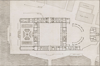 Ritning över det nya slottet av arkitekt Nicodemus Tessin. Logården syns till vänster i bild.